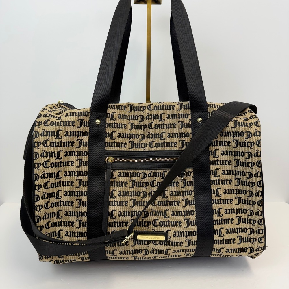 Juicy Couture Duffle Bag Tan Black Gothic Logo Monogram Weekender Travel Bag